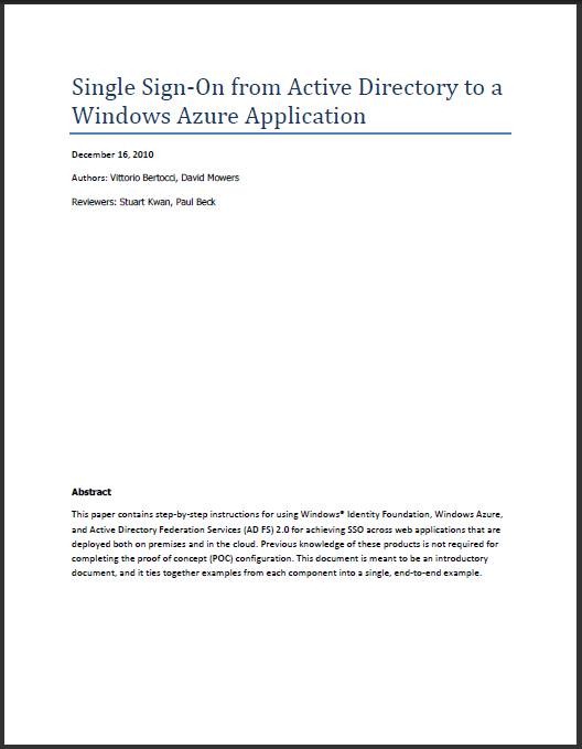 New Paper: Single Sign-On from Active Directory to a Windows Azure Application