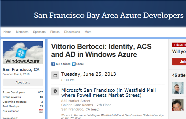 Tuesday, June the 25th: Meetup with the San Francisco Bay Area Azure Developers group